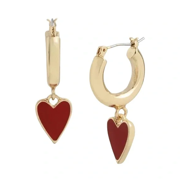 NWT ⚜️♥️⚜️ Betsey Johnson cute gold hoop earrings with dangling red heart - Picture 8 of 16